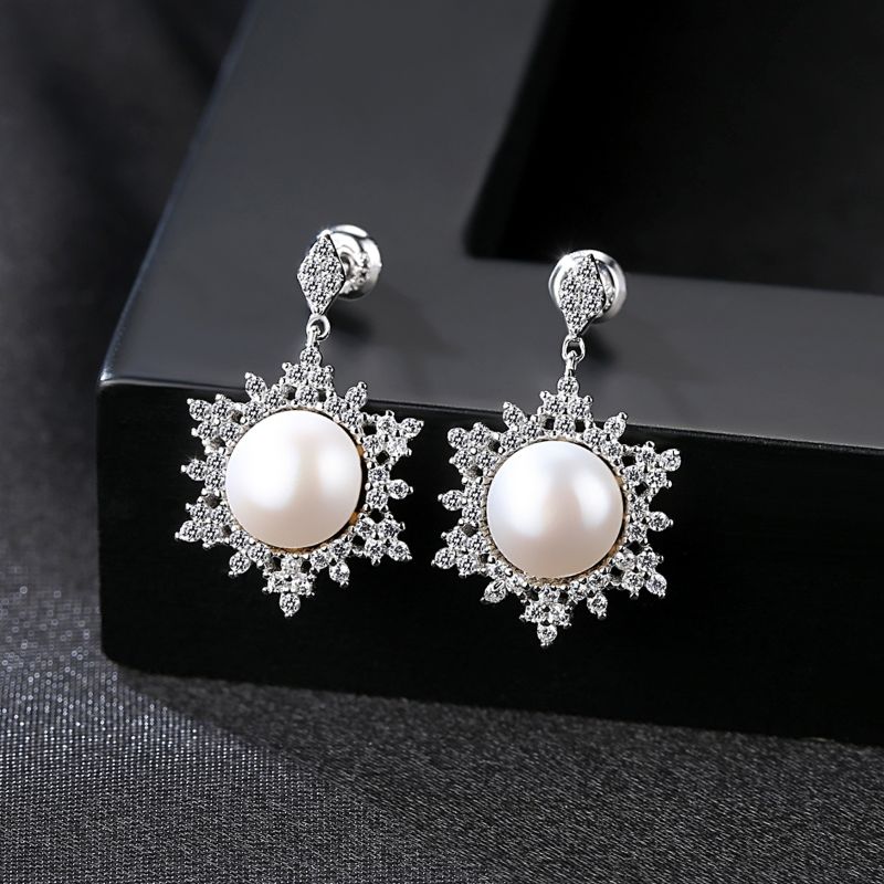 Silver Pearl Crystal Earrings pearl dangle earrings