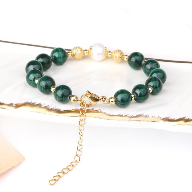 Malachite Freshwater Pearl Bracelet 18ct Gold Plated real pearl bracelet