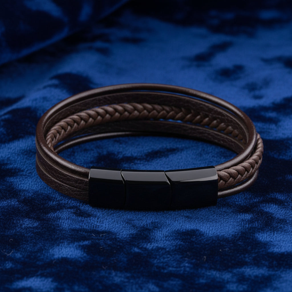Brown leather wrap bracelet displayed on deep blue textured fabric