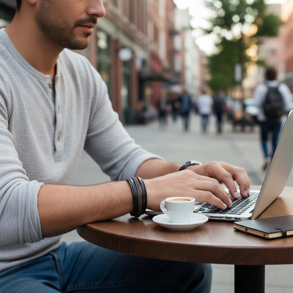 Men’s brown leather bracelet styled with smart casual outfit at café table