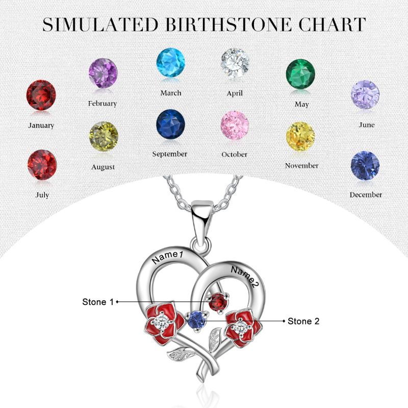 Personalised Birthstone 925 Sterling Silver Heart Rose Necklace Personalised Birthstone 925 Sterling Silver Heart Rose Necklace - Livloko London