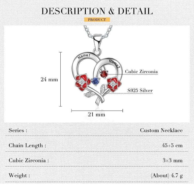 Personalised Birthstone 925 Sterling Silver Heart Rose Necklace Personalised Birthstone 925 Sterling Silver Heart Rose Necklace - Livloko London