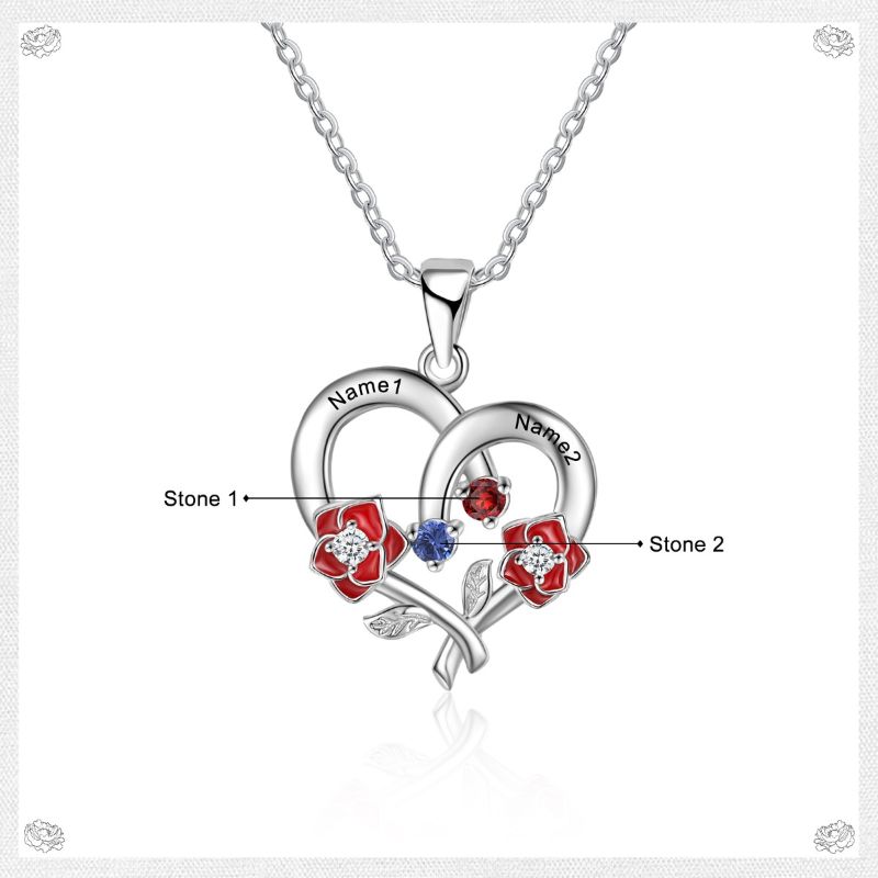 Personalised Birthstone 925 Sterling Silver Heart Rose Necklace Personalised Birthstone 925 Sterling Silver Heart Rose Necklace
