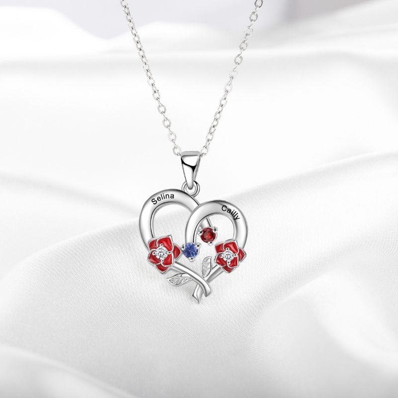 Personalised Birthstone 925 Sterling Silver Heart Rose Necklace Personalised Birthstone 925 Sterling Silver Heart Rose Necklace