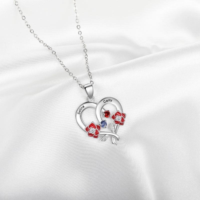Personalised Birthstone 925 Sterling Silver Heart Rose Necklace Personalised Birthstone 925 Sterling Silver Heart Rose Necklace