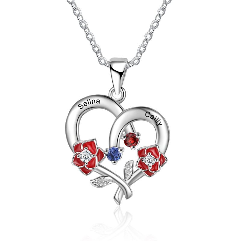 Personalised Birthstone 925 Sterling Silver Heart Rose Necklace Personalised Birthstone 925 Sterling Silver Heart Rose Necklace