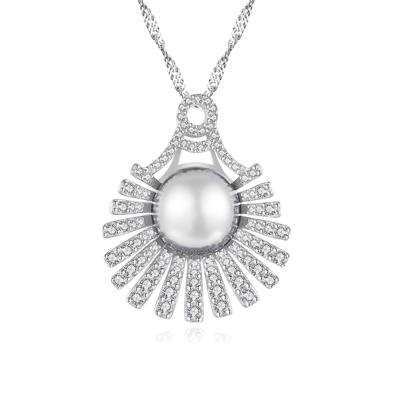 Cubic Zirconia and Single Pearl Silver Necklace single pearl necklace
