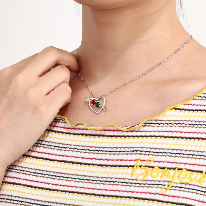 Personalised 925 Sterling Silver Arrow Heart Shape Birthstone Necklace Personalised 925 Sterling Silver Arrow Heart Shape Birthstone Necklace around woman's neck
