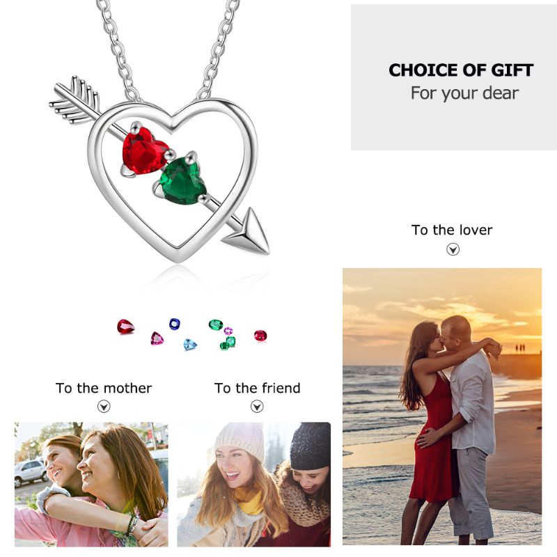 image collage of couples hugging and image of all birthstones and Personalised 925 Sterling Silver Arrow Heart Shape Birthstone Necklace
