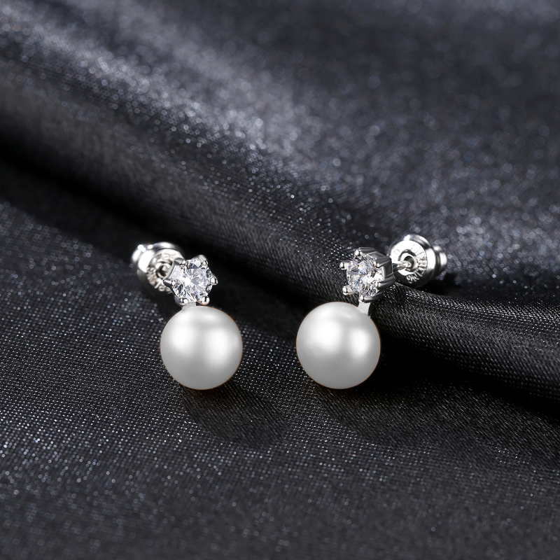 Silver Pearl Stud Earrings with Cubic Zirconia pearl wedding earrings