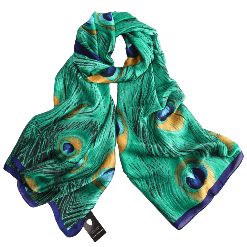 Vibrant Peacock Feather Satin Scarf animal print scarf