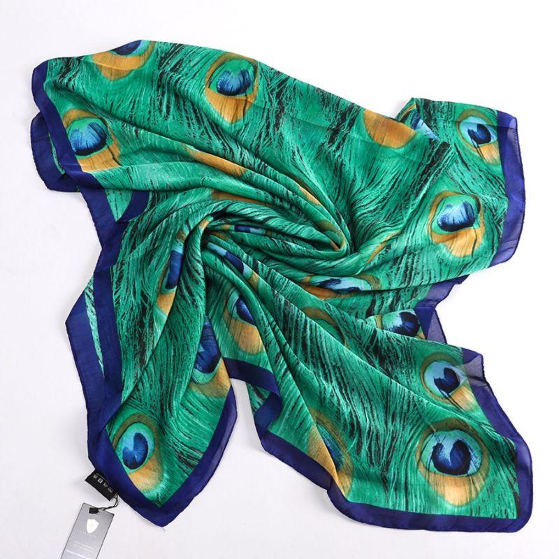 Vibrant Peacock Feather Satin Scarf green scarf womens