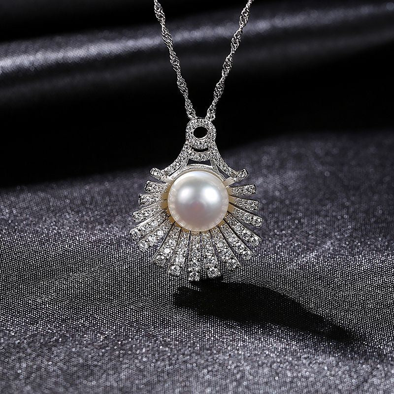 Cubic Zirconia and Single Pearl Silver Necklace modern pearl necklaces