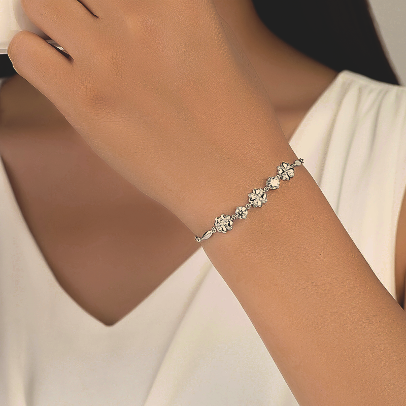 Silver Cubic Zirconia Bracelet with Flower Design bracelet women's silver,
