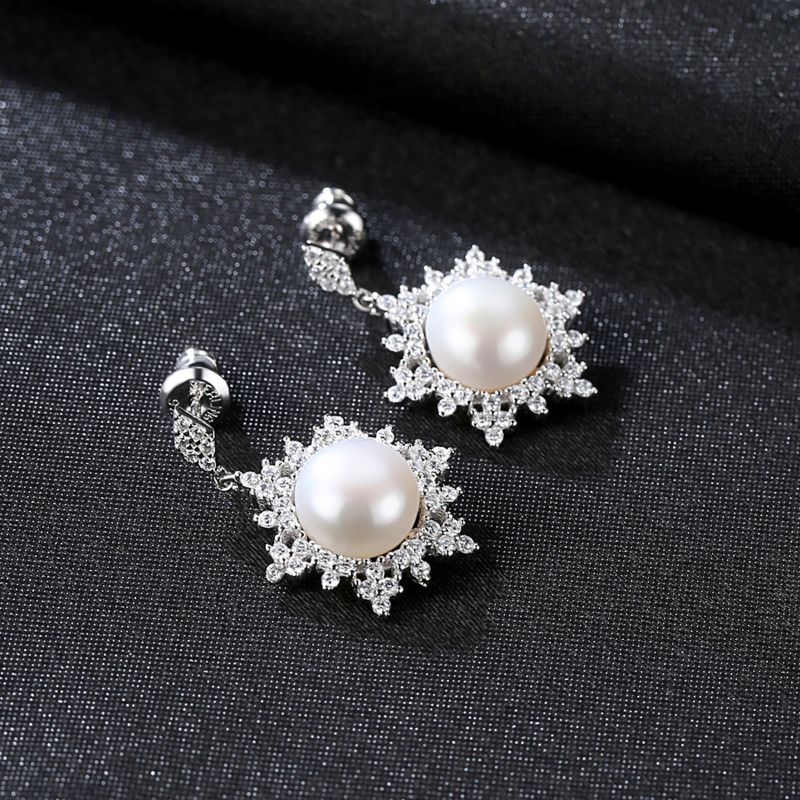 Silver Pearl Crystal Earrings pearl and cubic zirconia earrings