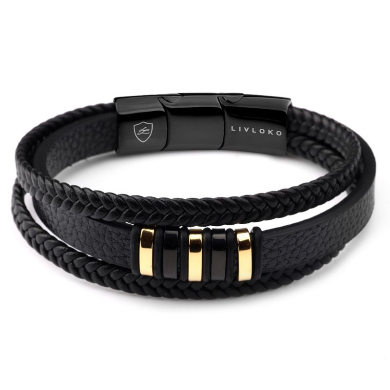 Men's Designer Black and Gold Leather Bracelet mens designer leather bracelet