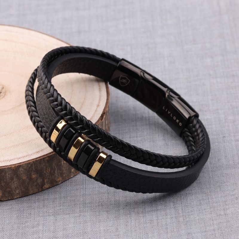 Men's Designer Black and Gold Leather Bracelet black leather men's bracelet