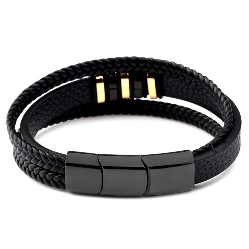 Men's Designer Black and Gold Leather Bracelet leather and gold bracelet