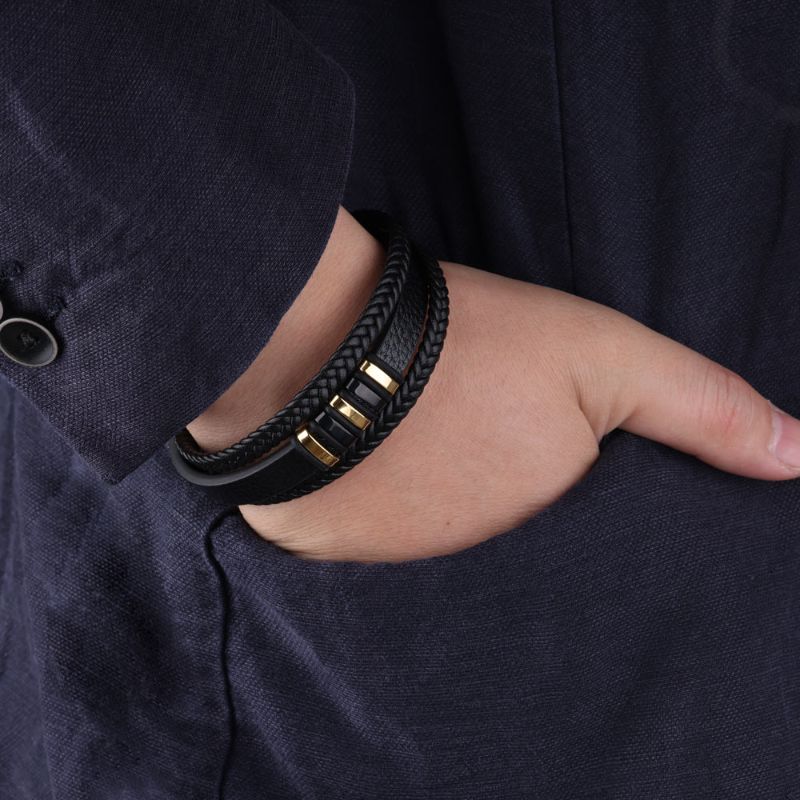 Men's Designer Black and Gold Leather Bracelet Men's Designer Leather Bracelet