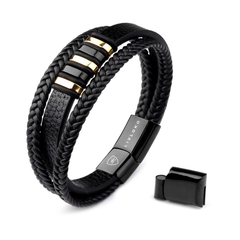 Men's Designer Black and Gold Leather Bracelet black gold bracelet mens