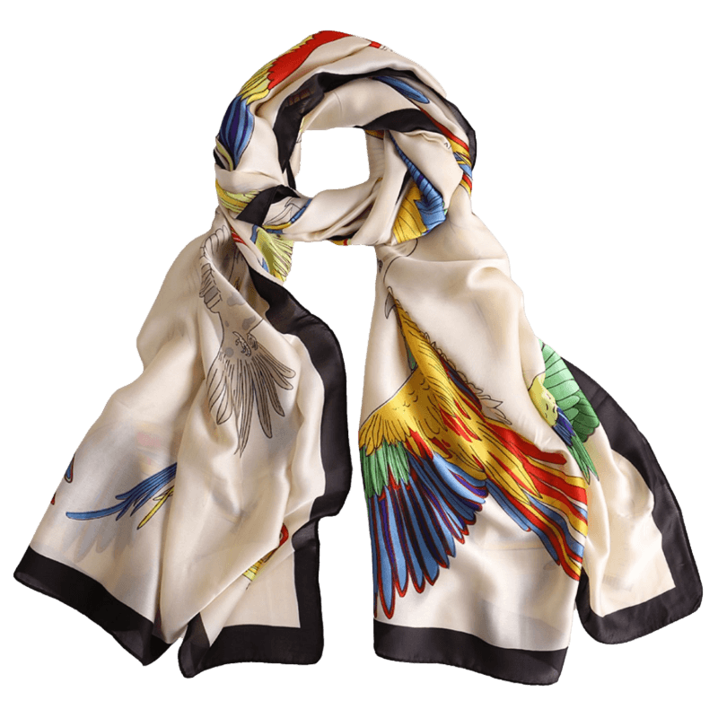 Satin Scarf with Colourful Parrot Print yellow colour scarf