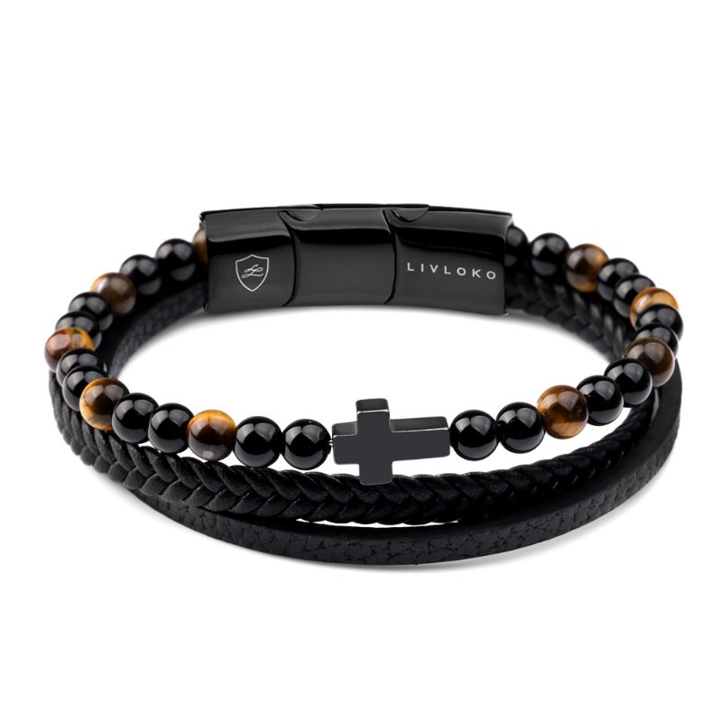 Black Leather Bracelet for Men with Cross cross bracelets for guys