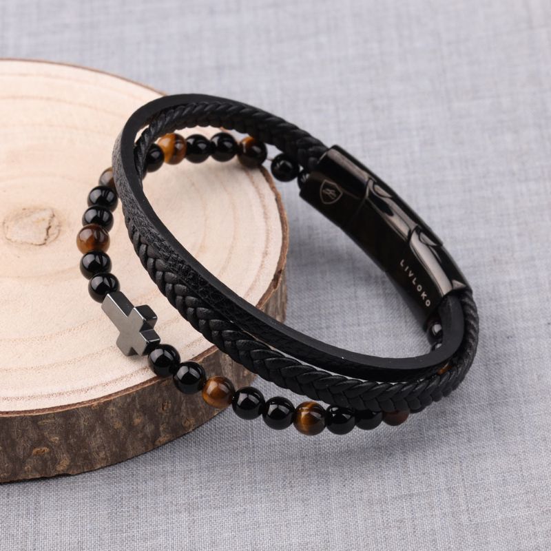 Black Leather Bracelet for Men with Cross Black Leather Bracelet