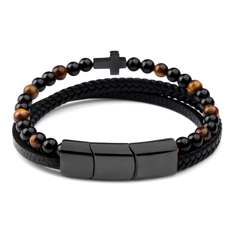 Black Leather Bracelet for Men with Cross cross bracelets for guys