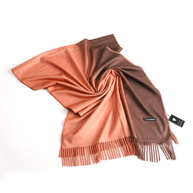 Cinnamon and Brown Pashmina Shawl, folded beside its product tag