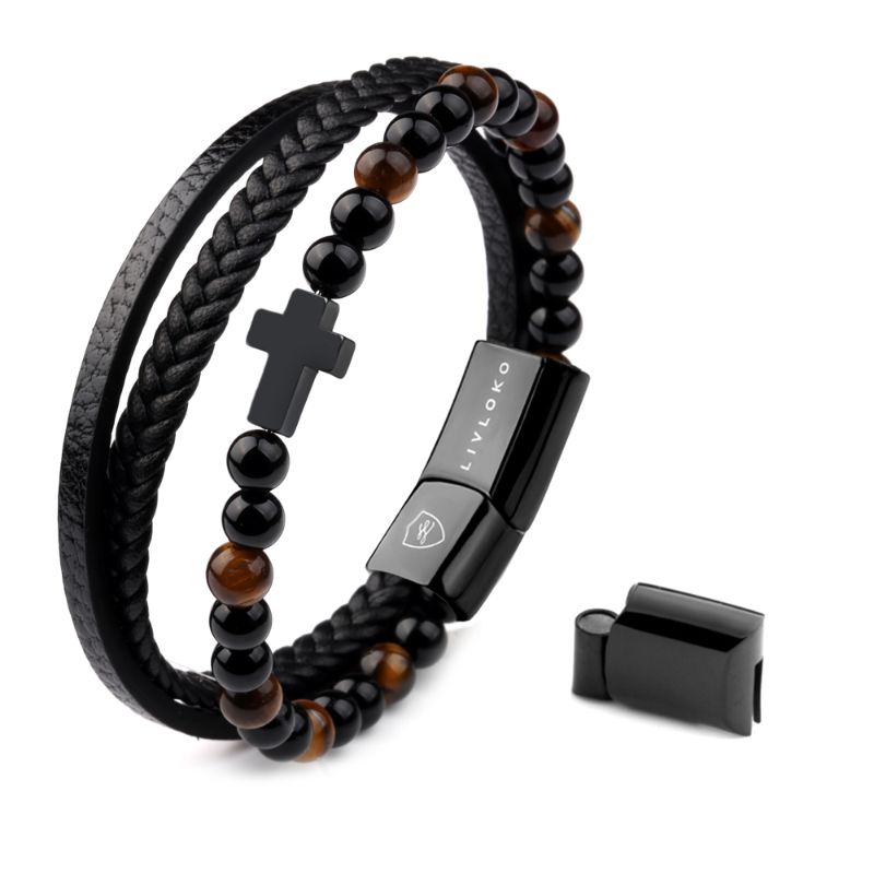 Black Leather Bracelet for Men with Cross mens cross bracelet