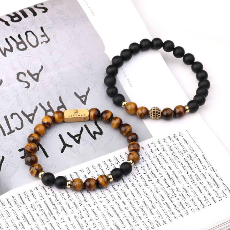 Stacked Agate and Tiger Eye Bracelet 18ct Gold Plated Tiger-eye and Agate Stacked Bracelet - Livloko London