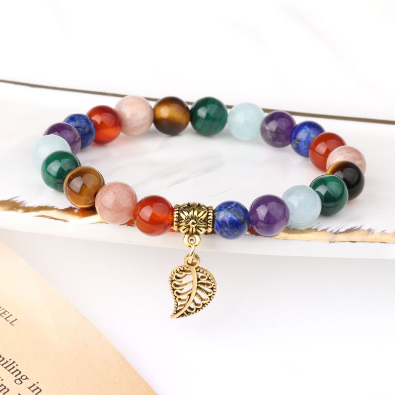 Gold-plated 7 Chara Braclet and Leaf Charm 7 Chakra Bracelet & Leaf Pendant