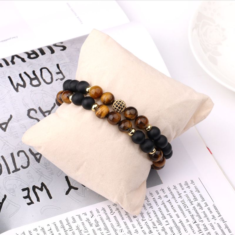 Stacked Agate and Tiger Eye Bracelet 18ct Gold Plated Tiger-eye and Agate Stacked Bracelet - Livloko London