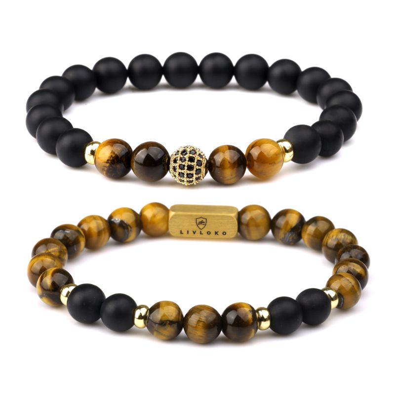 Stacked Agate and Tiger Eye Bracelet 18ct Gold Plated Tiger-eye and Agate Stacked Bracelet - Livloko London