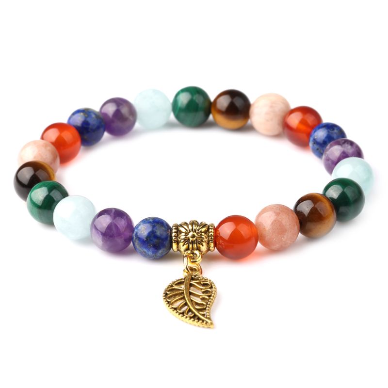Gold-plated 7 Chara Braclet and Leaf Charm 7 Chakra Bracelet & Leaf Pendant