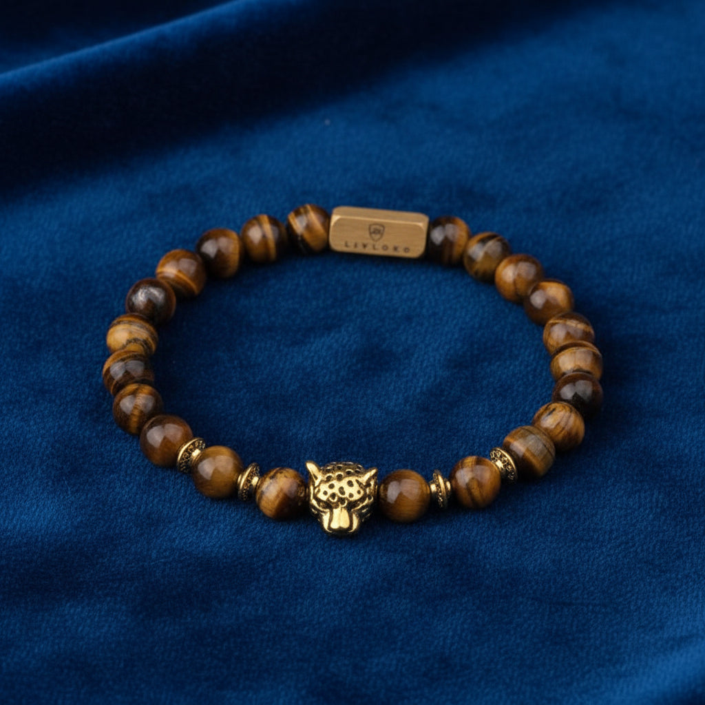 tiger eye natural stone beads with gold leopard charm