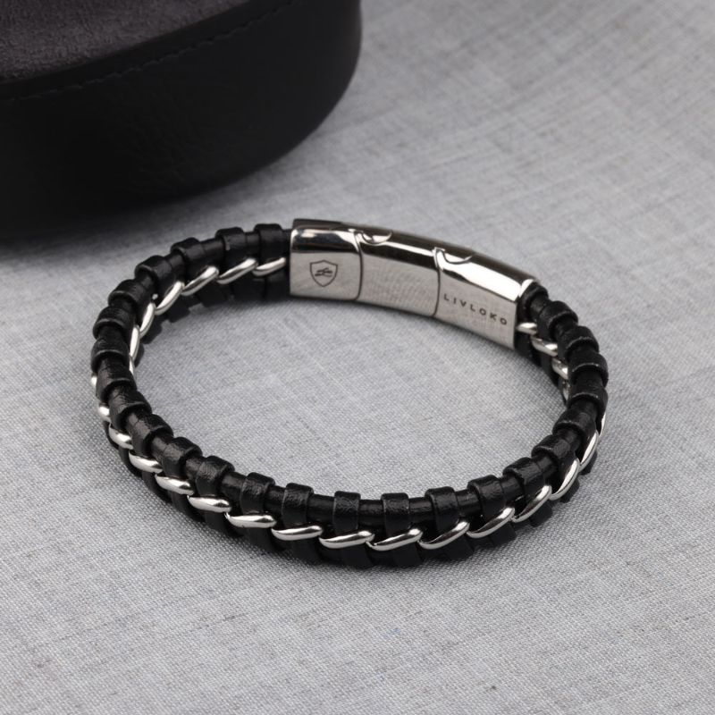 Men's Leather and Silver Bracelet mens designer leather bracelet