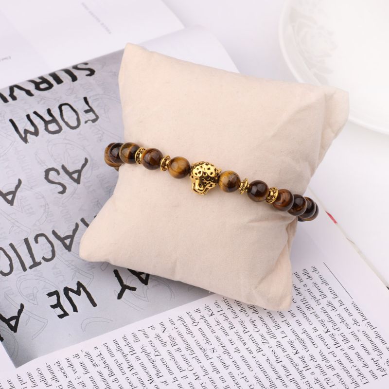Tiger Eye Bracelet with Gold Leopard Charm bead bracelets for men