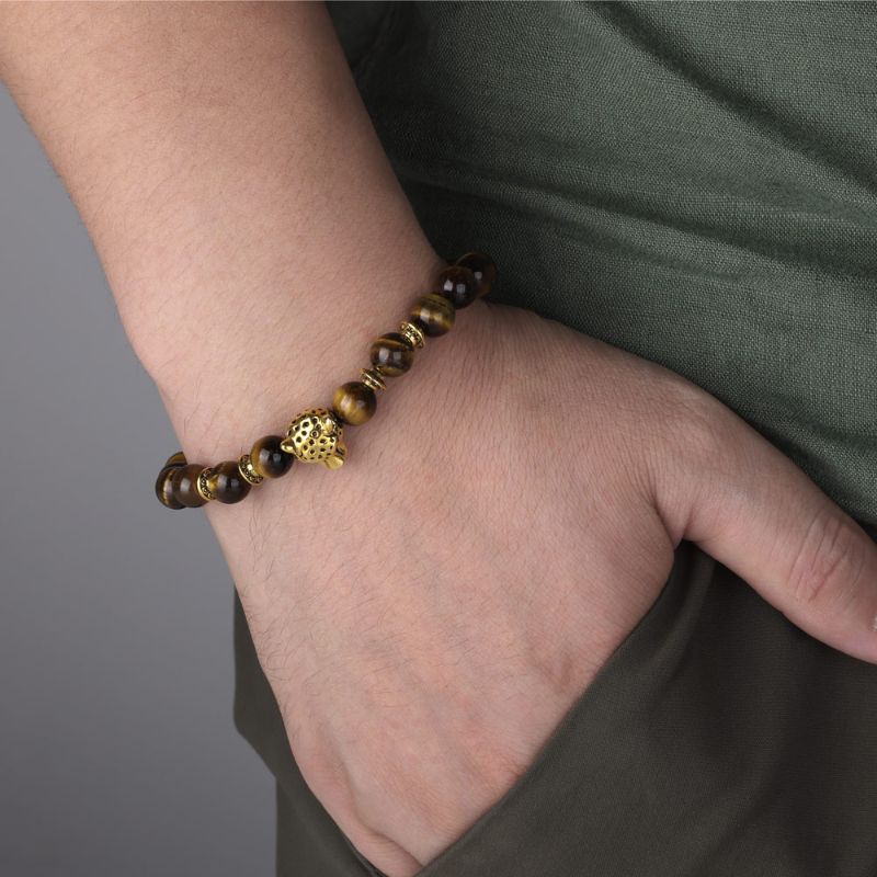 Tiger Eye Bracelet with Gold Leopard Charm Men's Designer Bracelets