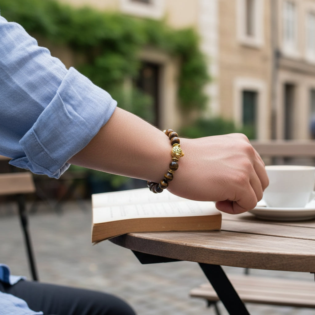 man seated outdoors wearing tiger eye beaded bracelet