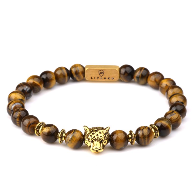 Tiger Eye Bracelet with Gold Leopard Charm mens tiger eye bracelet