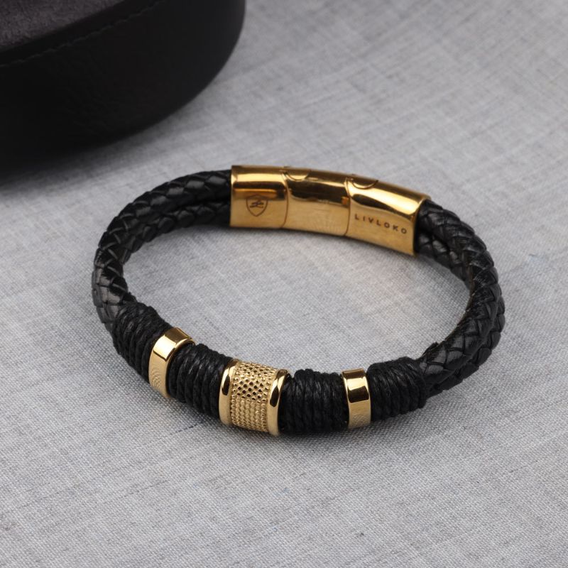 Men's Black and Gold Designer Bangle Bracelet Leather and Gold Bracelet