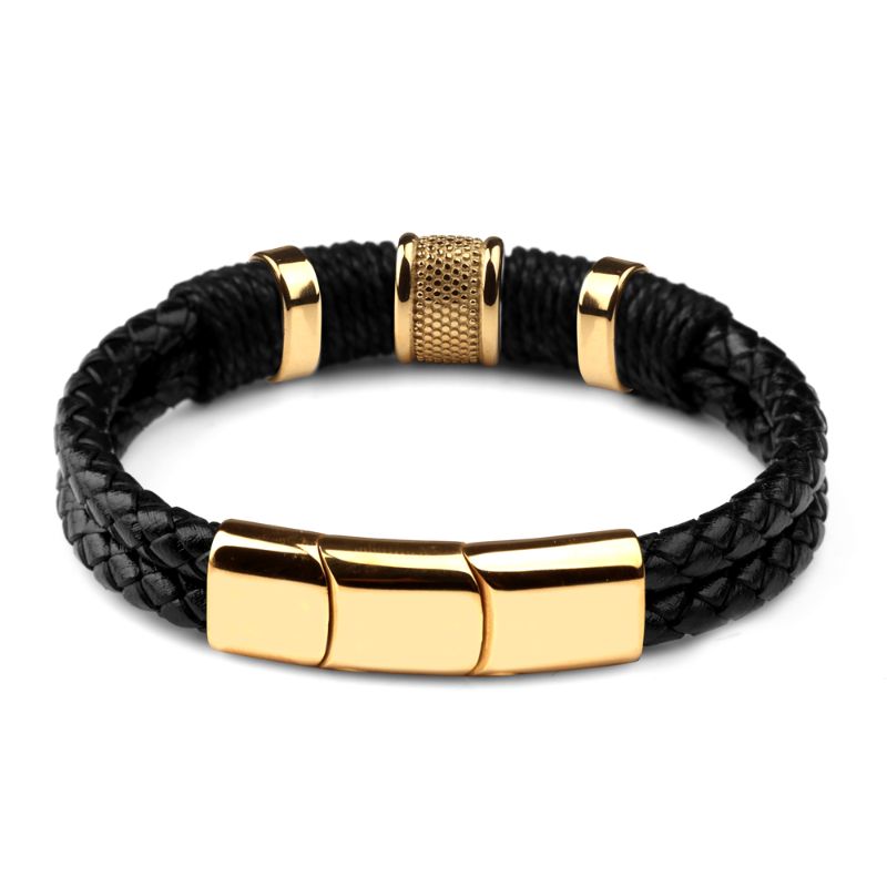 Men's Black and Gold Designer Bangle Bracelet Leather Bracelets for Men