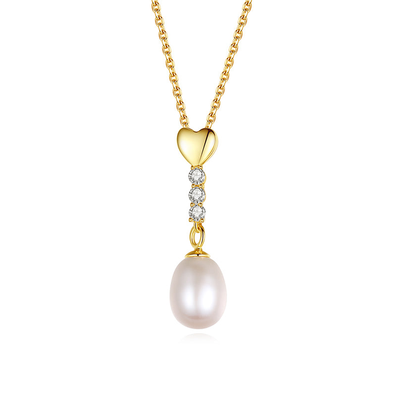 Sterling Silver Pearl Necklace with Heart Detail