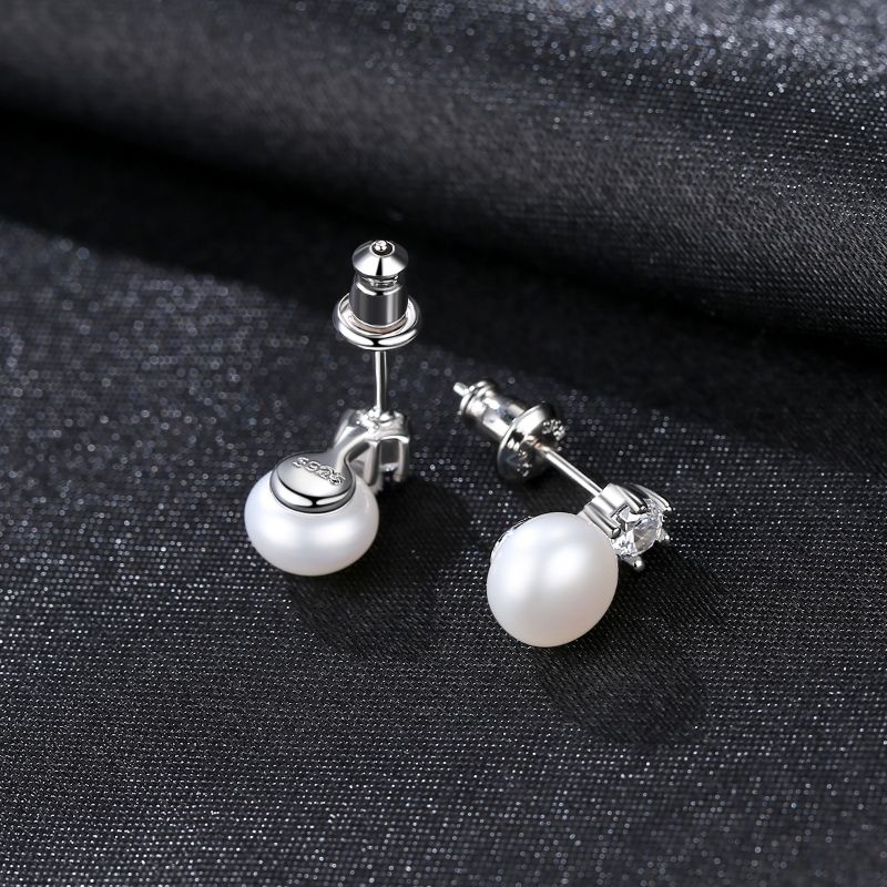 Silver Pearl Stud Earrings with Cubic Zirconia sterling silver pearl earrings