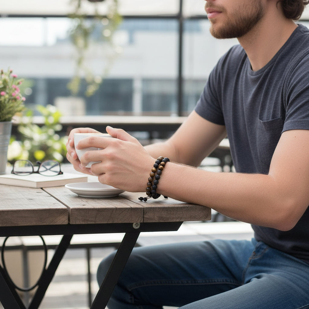 Tiger-eye and Lava Rock Stacked Bracelet