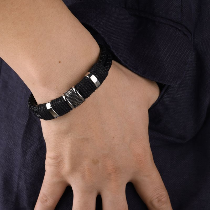 Men's Bangle Leather and Silver Bracelet Men's Leather and Silver Bracelet