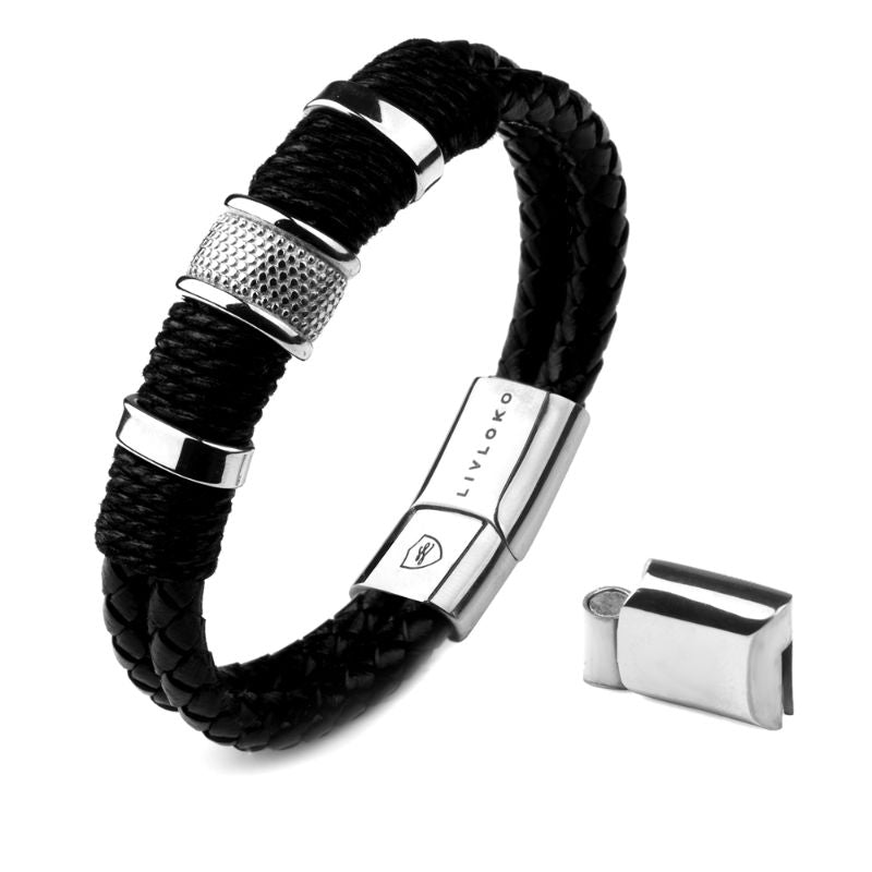 Men's Bangle Leather and Silver Bracelet Men's Leather and Silver Bracelet