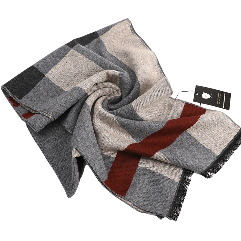 Men's Checked Wool Scarf Grey Red