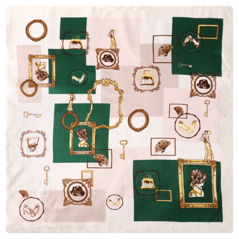 Mulberry silk square scarf with illustrated trinkets and decorative frames